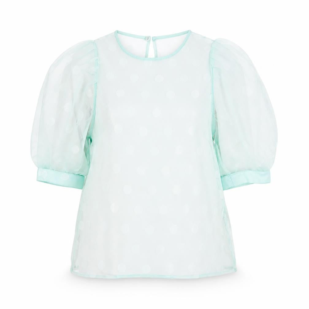Front view of New Look women’s green polka dot polyester basic t-shirt, size UK 6, round neck