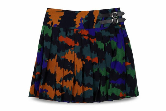 Front view of ASOS women’s multicoloured geometric polyester pleated skirt, size UK 6, zip