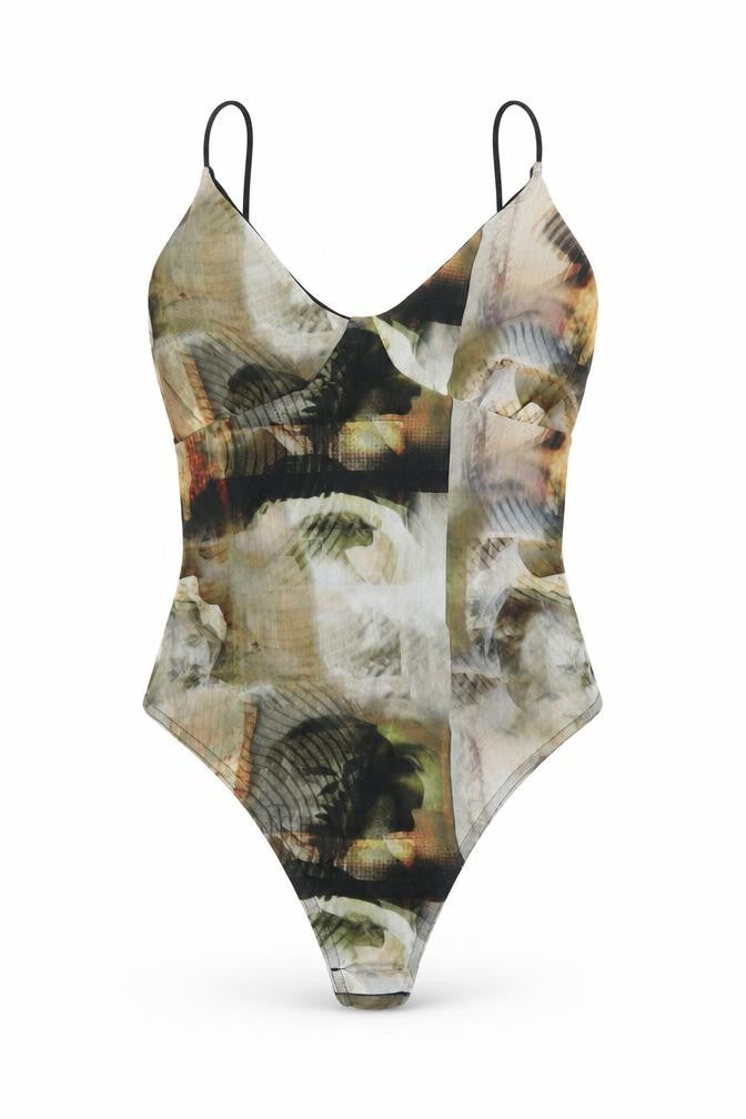 Front view of PRETTYLITTLETHING women’s multicoloured geometric polyester bodysuit one-piece, size UK 10, snap