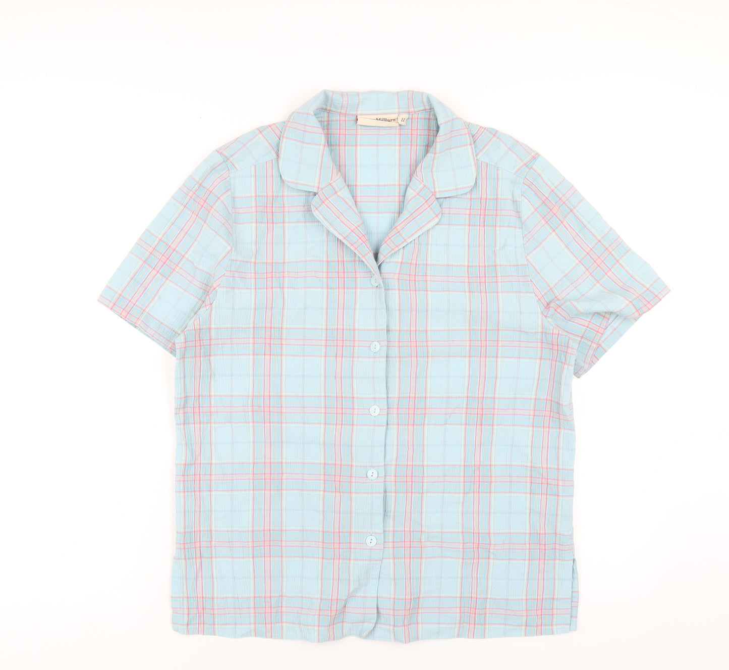 EWM Womens Blue Plaid Polyester Basic Button-Up Size 12 Collared