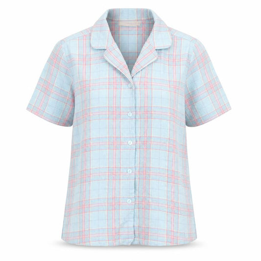 Front view of EWM women’s blue plaid polyester basic button-up, size UK 12, collared