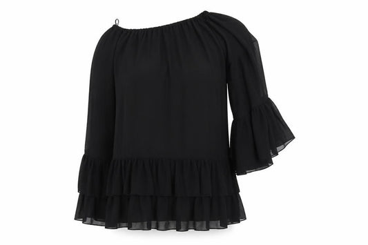 Front view of Select women’s black polyester a-line, size UK 8, one shoulder pullover