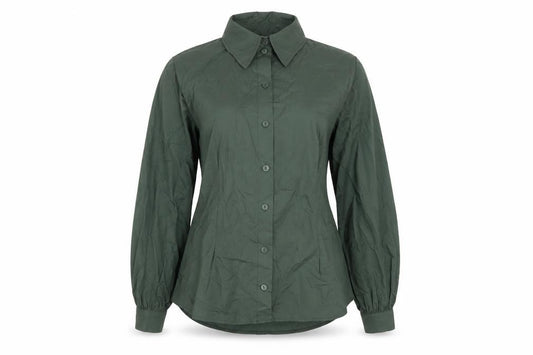 Front view of I SAW IT FIRST women’s green cotton basic button-up, size UK 8, collared