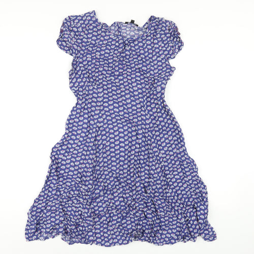 Warehouse Womens Blue Floral Viscose A-Line Size 14 Round Neck Zip