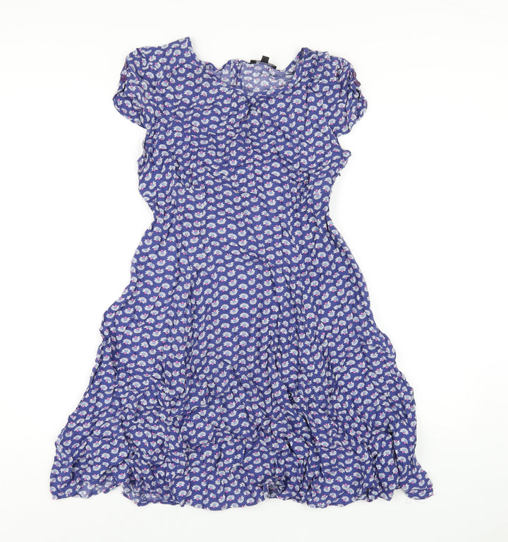 Warehouse Womens Blue Floral Viscose A-Line Size 14 Round Neck Zip