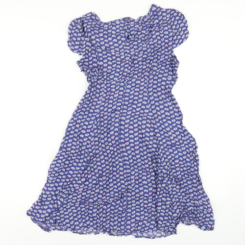 Warehouse Womens Blue Floral Viscose A-Line Size 14 Round Neck Zip