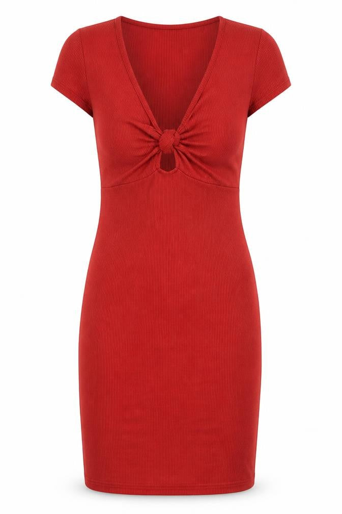 Front view of Miss Selfridge women’s red viscose bodycon, size UK 10, v-neck pullover