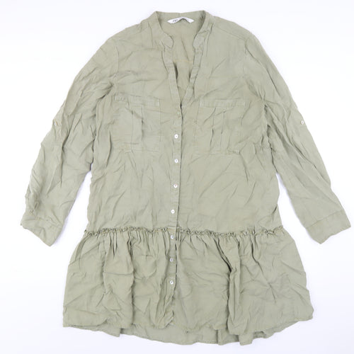 Zara Womens Green Lyocell A-Line Size M V-Neck Button
