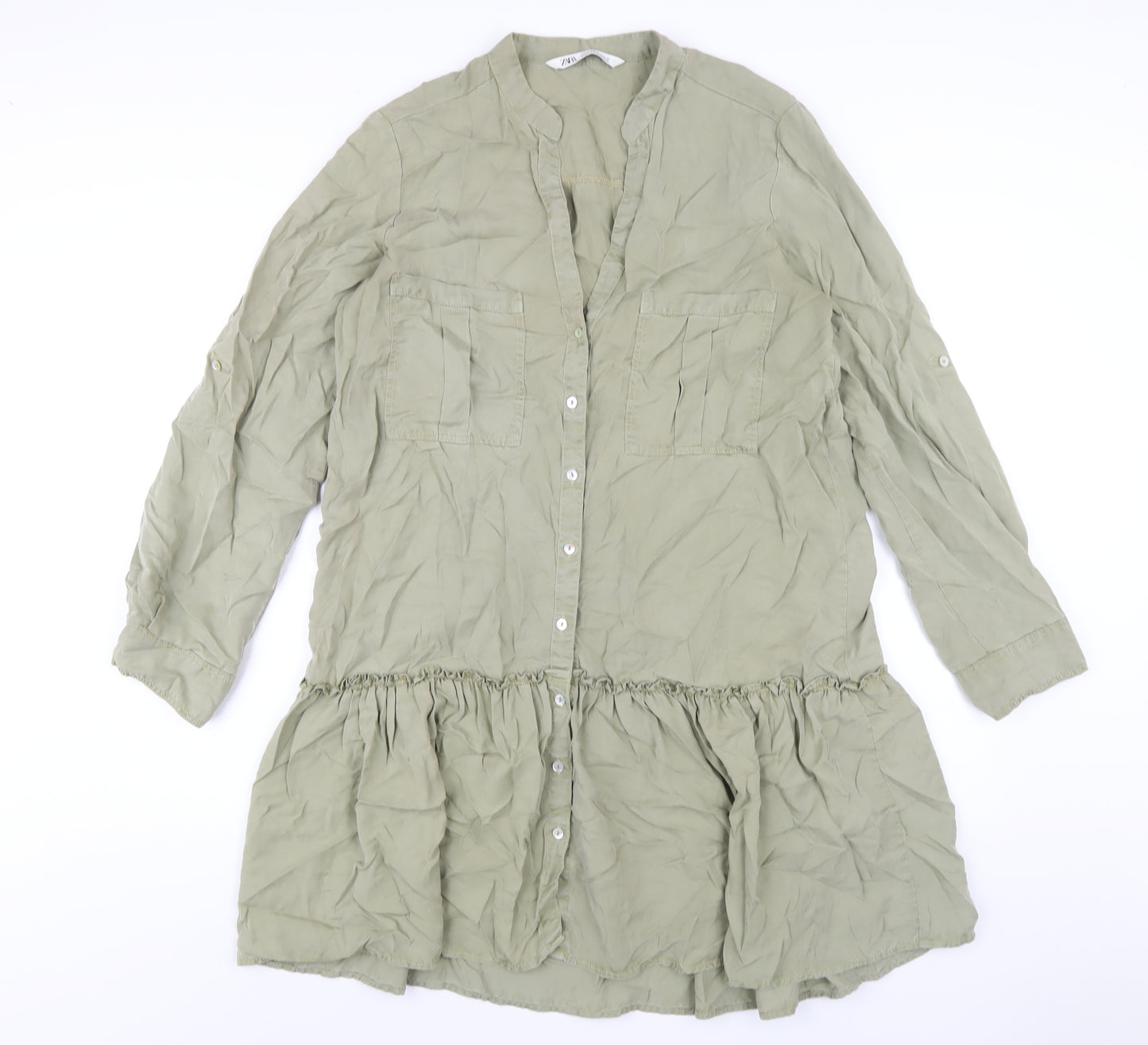 Zara Womens Green Lyocell A-Line Size M V-Neck Button