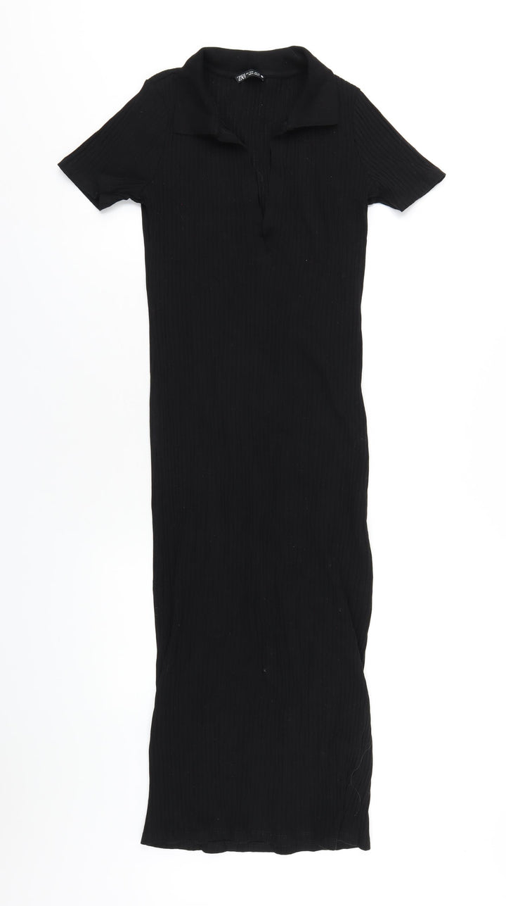 Zara Womens Black Cotton Bodycon Size M Collared Pullover