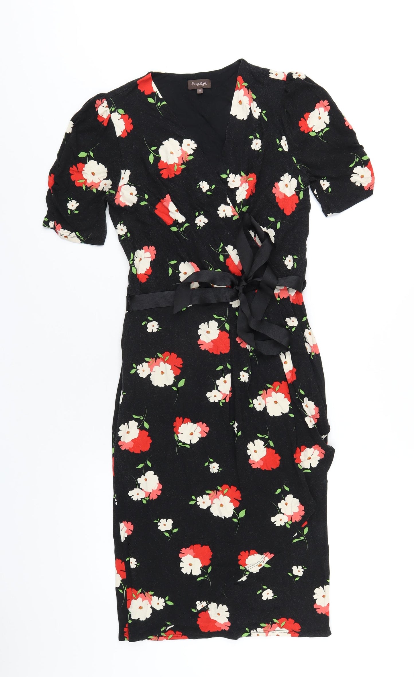 Phase Eight Womens Black Floral Viscose Bodycon Size 8 V-Neck Pullover