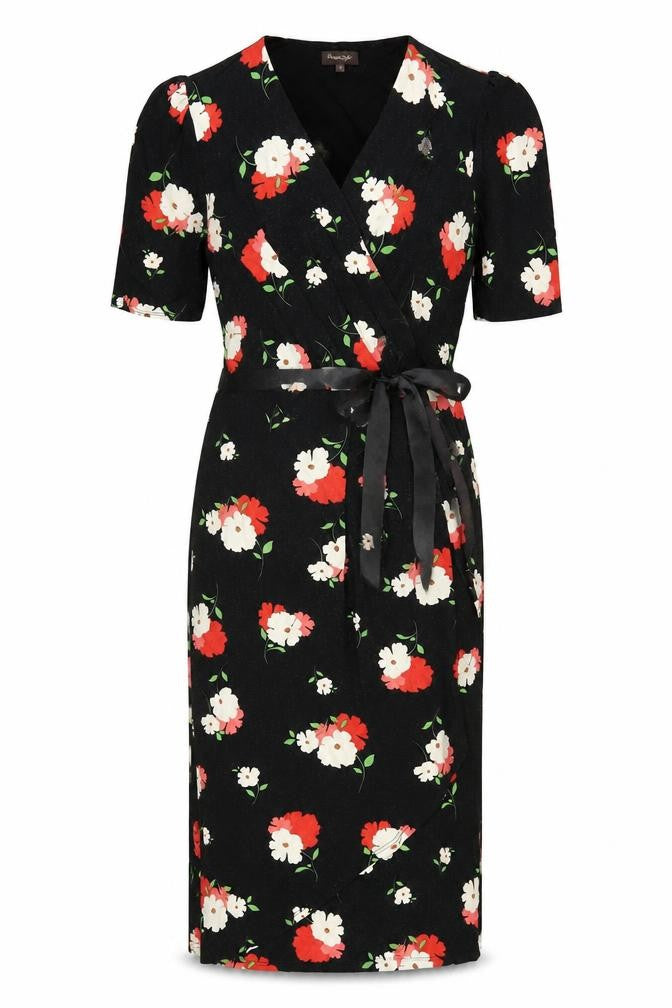 Front view of Phase Eight women’s black floral viscose bodycon, size UK 8, v-neck pullover