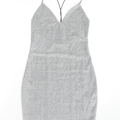 H&M Womens Silver Polyester Bodycon Size M V-Neck Pullover
