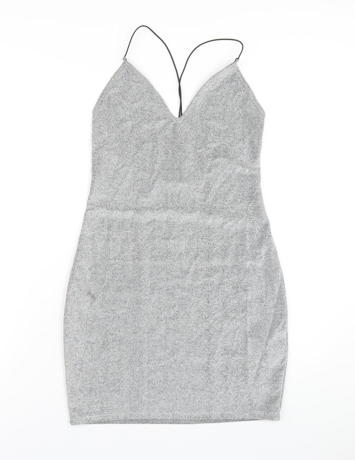 H&M Womens Silver Polyester Bodycon Size M V-Neck Pullover