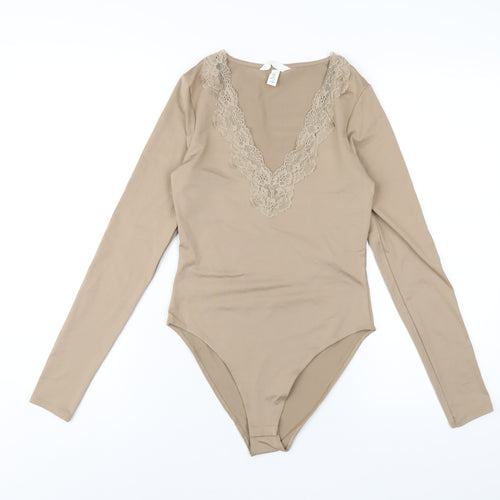 H&M Womens Beige Polyester Bodysuit One-Piece Size S Snap - Lace Trim