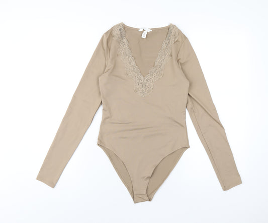 H&M Womens Beige Polyester Bodysuit One-Piece Size S Snap - Lace Trim