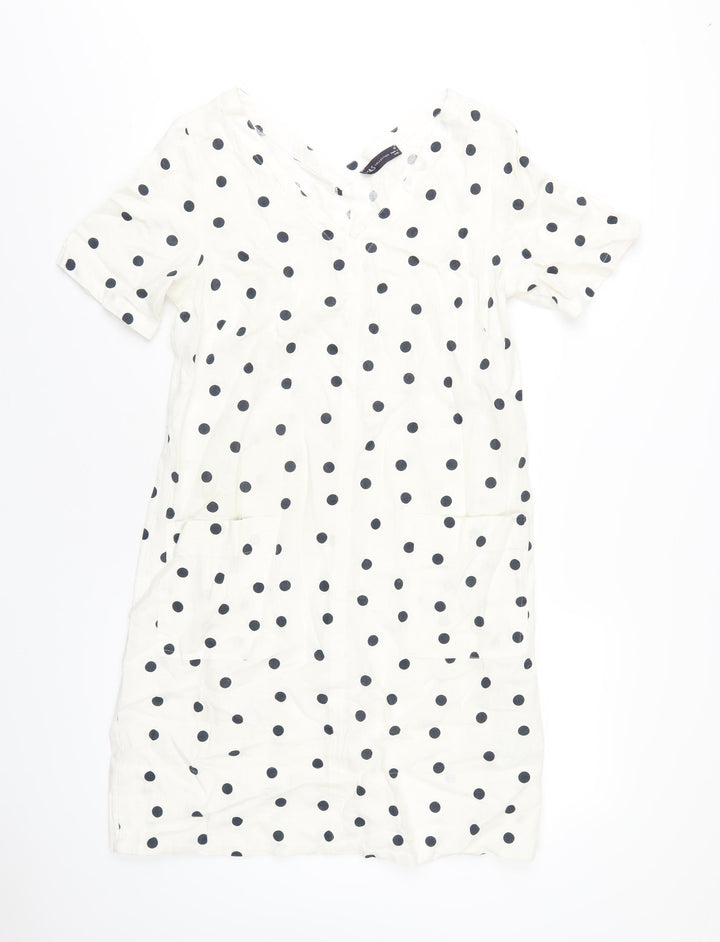 Marks and Spencer Womens Ivory Polka Dot Linen A-Line Size 10 V-Neck Pullover