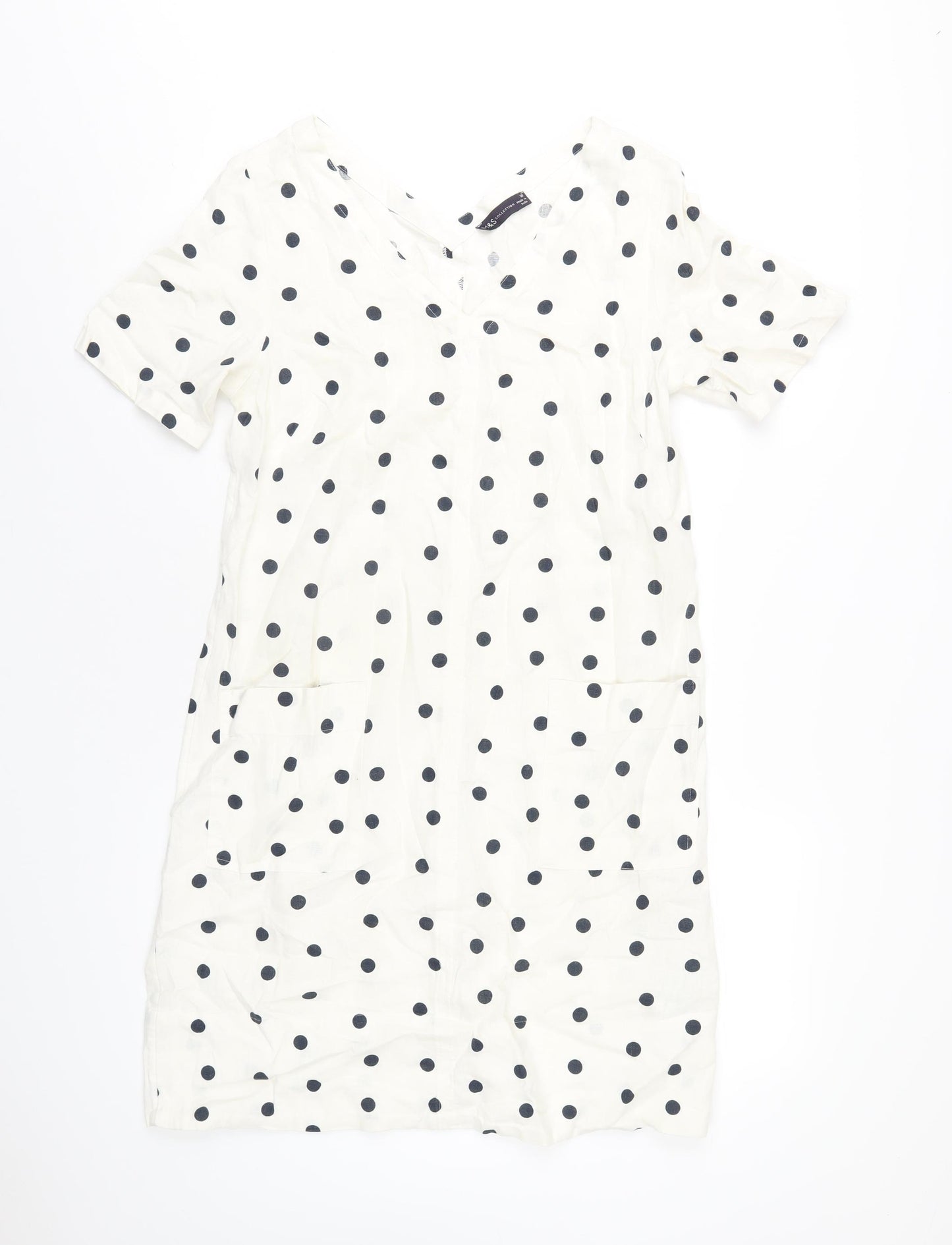 Marks and Spencer Womens Ivory Polka Dot Linen A-Line Size 10 V-Neck Pullover