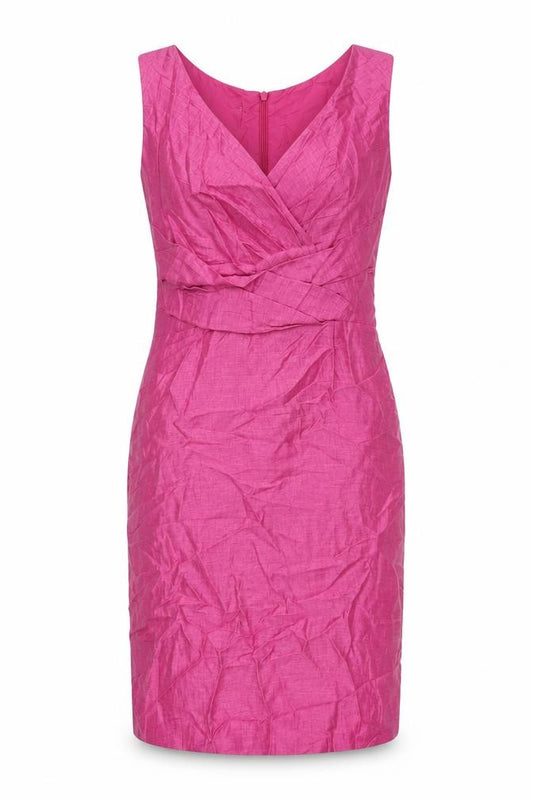 Front view of Kaliko women’s pink polyester pencil dress, size UK 10, v-neck zip
