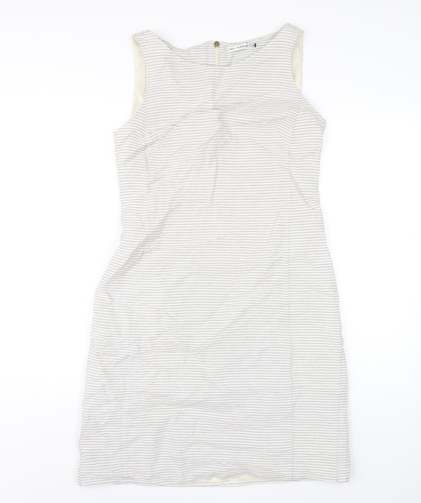 Autograph Womens Grey Striped Cotton Pencil Dress Size 10 Round Neck Zip