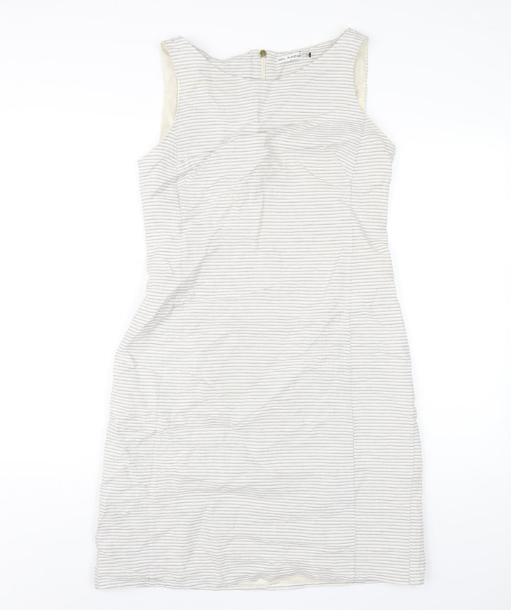 Autograph Womens Grey Striped Cotton Pencil Dress Size 10 Round Neck Zip