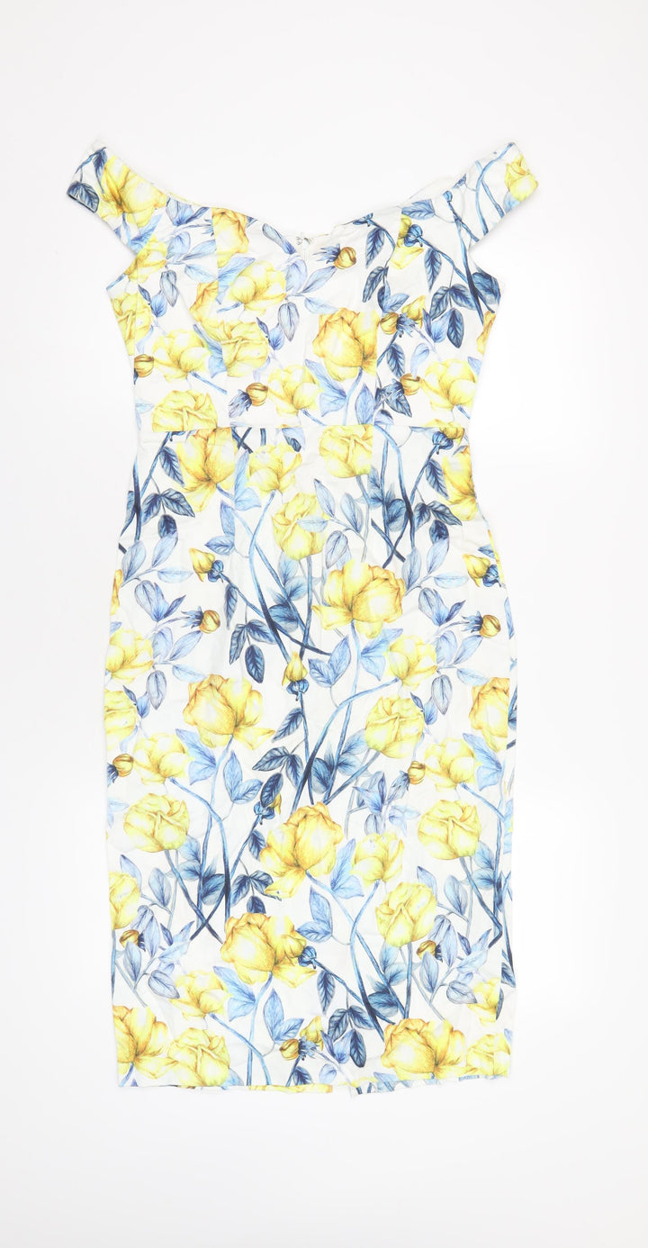 ASOS Womens Multicoloured Geometric Cotton Pencil Dress Size 12 Off the Shoulder Zip