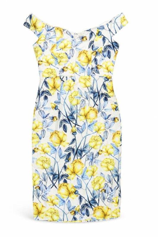 Front view of ASOS women’s multicoloured geometric cotton pencil dress, size UK 12, off the shoulder zip