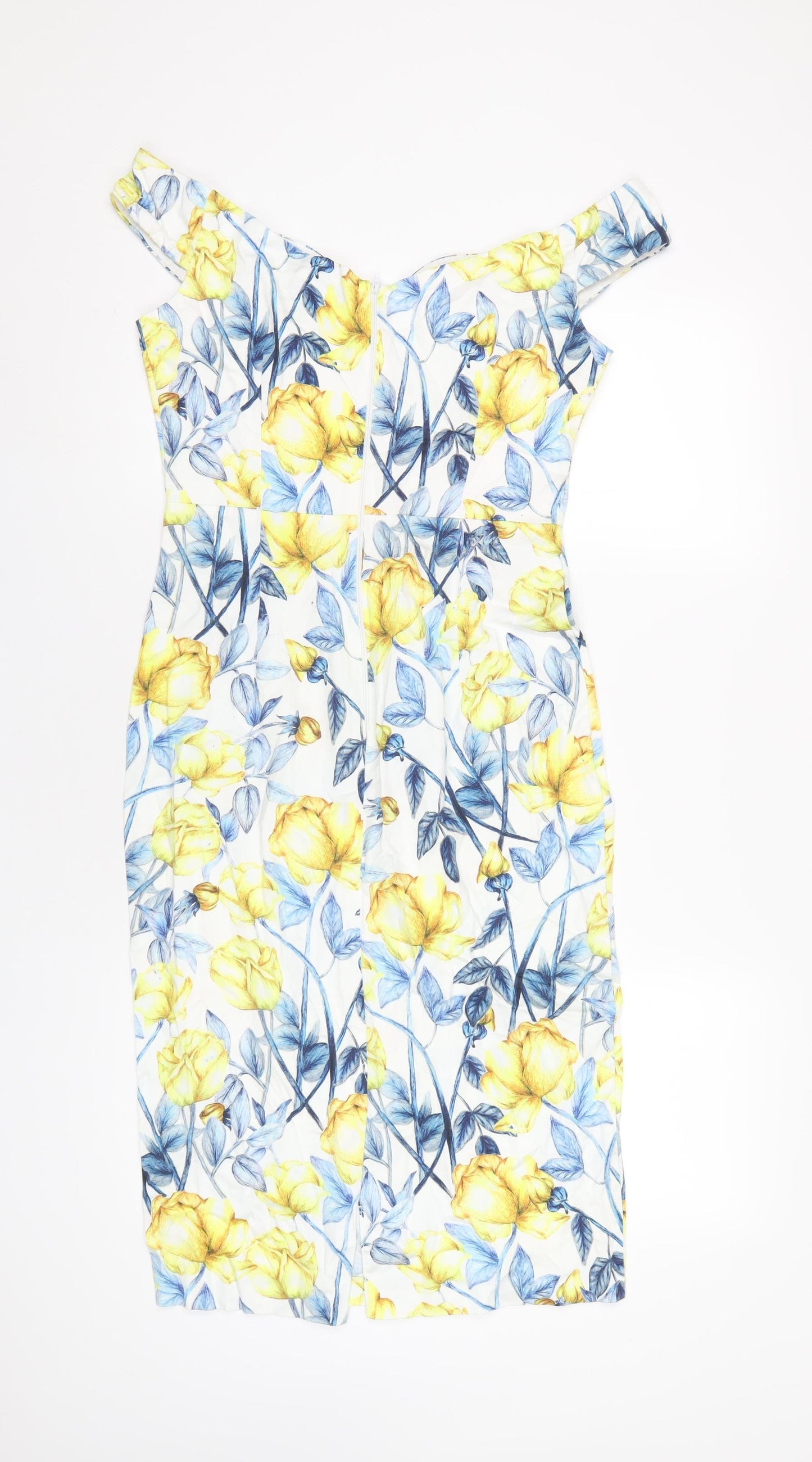 ASOS Womens Multicoloured Geometric Cotton Pencil Dress Size 12 Off the Shoulder Zip