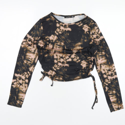 Boohoo Womens Black Geometric Polyester Cropped T-Shirt Size 12 Round Neck