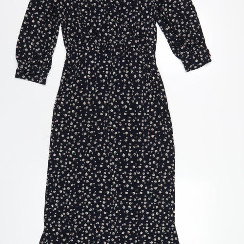 Oasis Womens Blue Floral Polyester A-Line Size S V-Neck Pullover