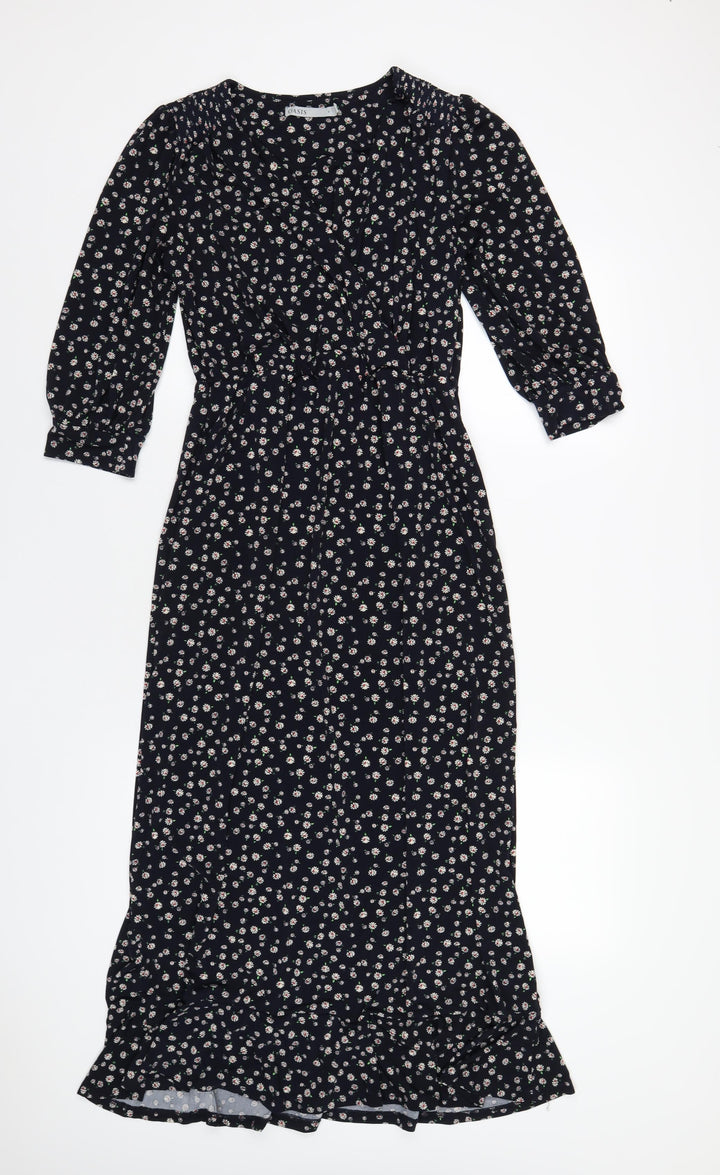 Oasis Womens Blue Floral Polyester A-Line Size S V-Neck Pullover
