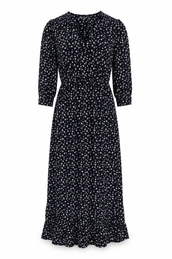 Front view of Oasis women’s blue floral polyester a-line, size S, v-neck pullover