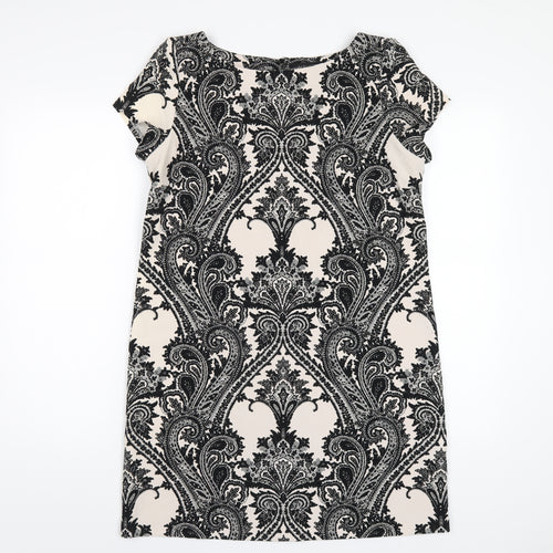 Zara Womens Black Geometric Polyester A-Line Size M Round Neck Button