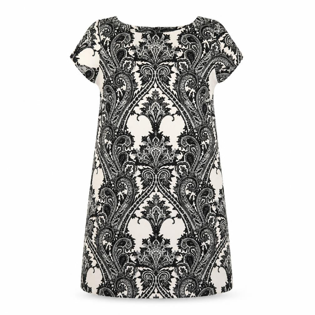 Front view of Zara women’s black geometric polyester a-line, size M, round neck button