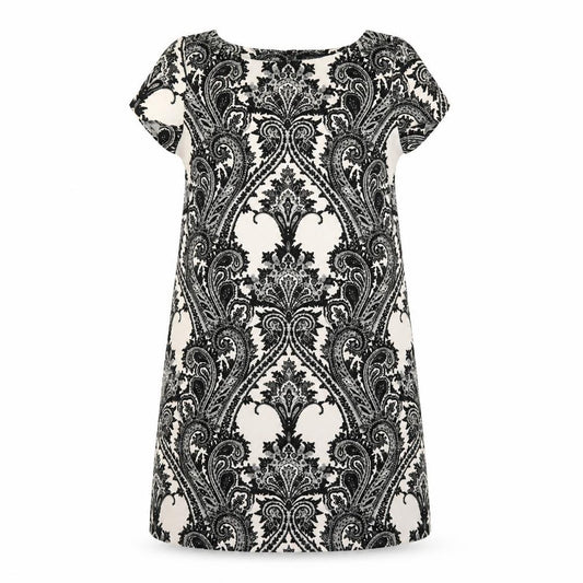 Front view of Zara women’s black geometric polyester a-line, size M, round neck button