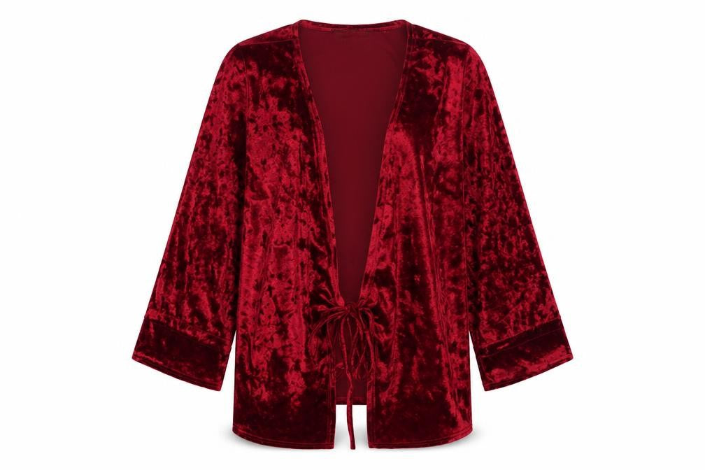 Front view of Jusdepm women’s red jacket, size S, tie - s/m