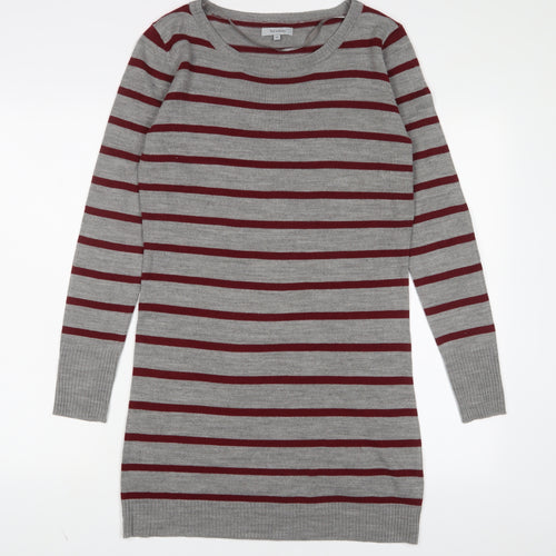 TEX Womens Grey Striped Acrylic Jumper Dress Size M Boat Neck Pullover