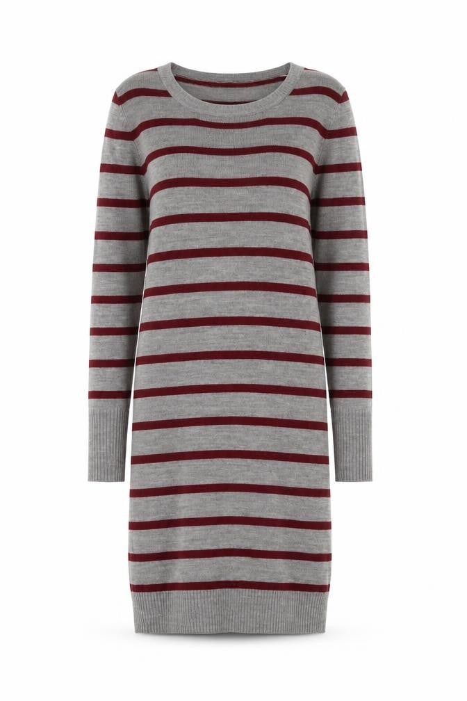 TEX Womens Grey Striped Acrylic Jumper Dress Size M Boat Neck Pullover