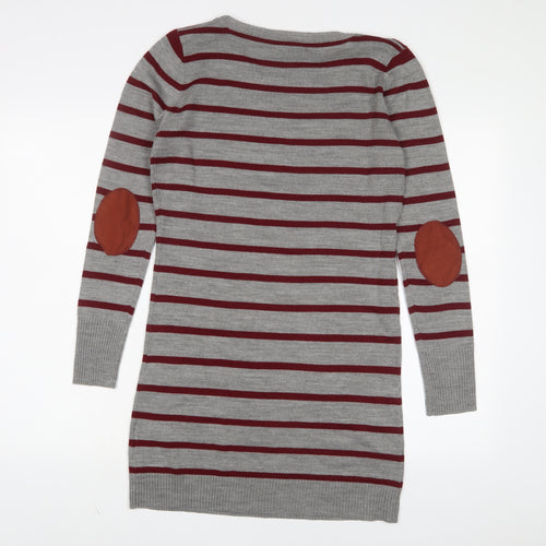 TEX Womens Grey Striped Acrylic Jumper Dress Size M Boat Neck Pullover