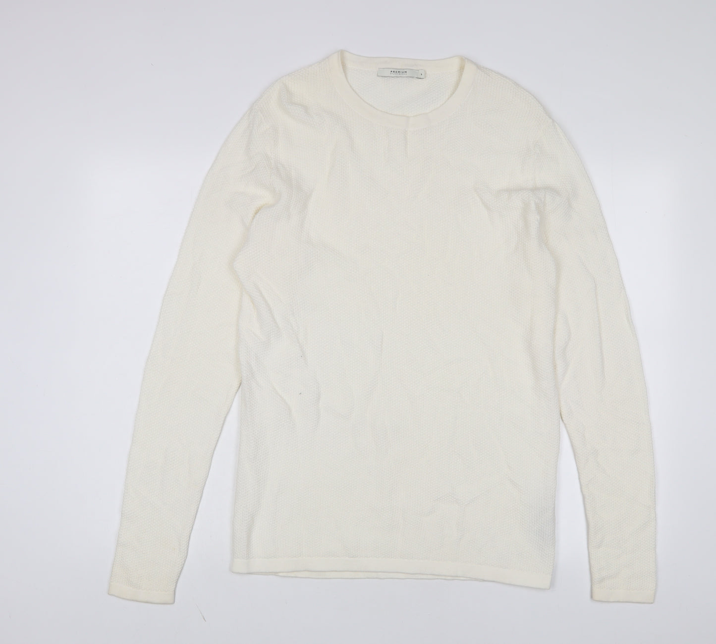 JACK & JONES Mens White Crew Neck Cotton Pullover Jumper Size L Long Sleeve