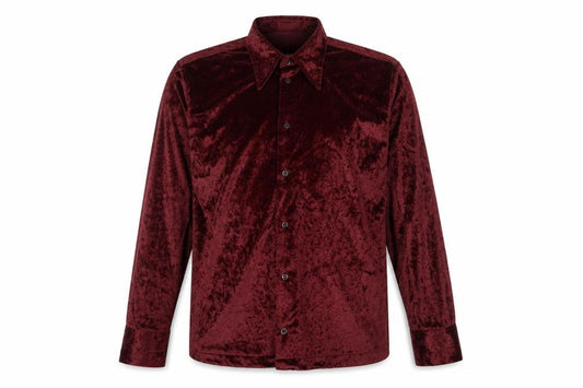 Front view of Tipo's men’s red polyester button-up, size XL, collared button