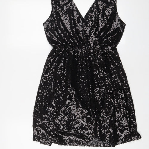 Boohoo Womens Black Polyester A-Line Size 10 V-Neck Zip - Sequins