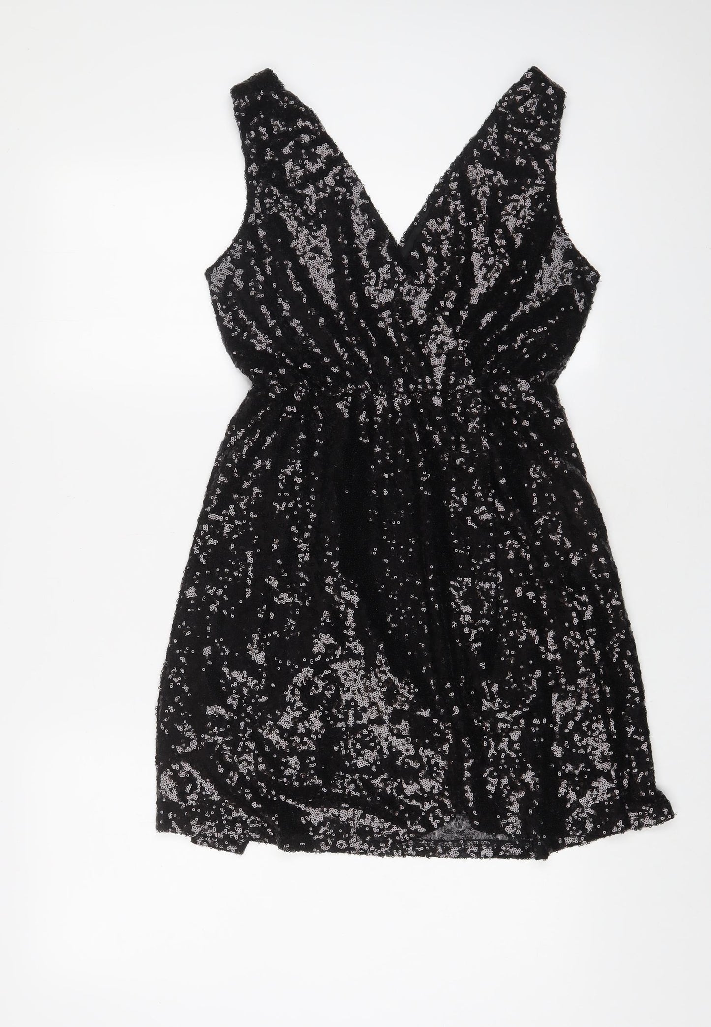 Boohoo Womens Black Polyester A-Line Size 10 V-Neck Zip - Sequins
