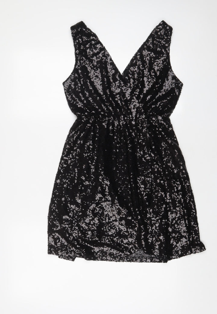 Boohoo Womens Black Polyester A-Line Size 10 V-Neck Zip - Sequins