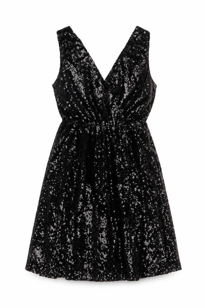 Front view of Boohoo women’s black polyester a-line, size UK 10, v-neck zip - sequins