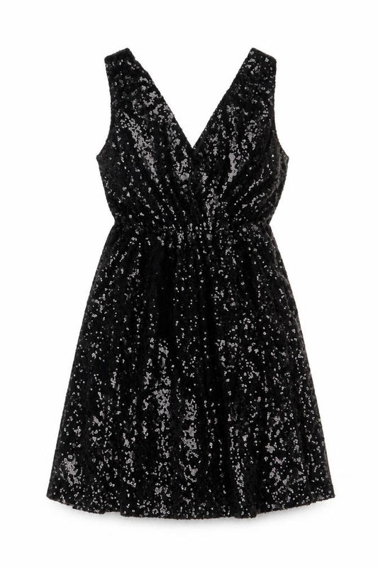 Front view of Boohoo women’s black polyester a-line, size UK 10, v-neck zip - sequins