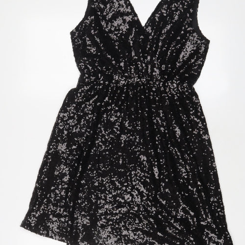 Boohoo Womens Black Polyester A-Line Size 10 V-Neck Zip - Sequins
