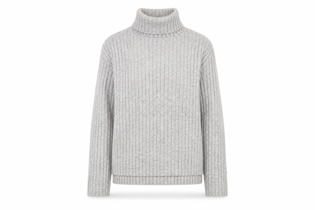 Front view of Newear women’s grey roll neck acrylic jumper, size XS