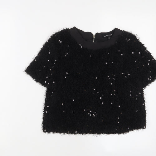 Sister Jane Womens Black Polyester Cropped T-Shirt Size S Crew Neck - Sequins