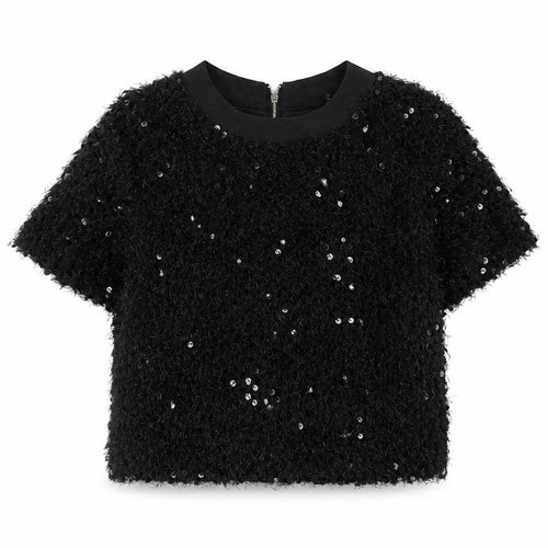 Sister Jane Womens Black Polyester Cropped T-Shirt Size S Crew Neck - Sequins